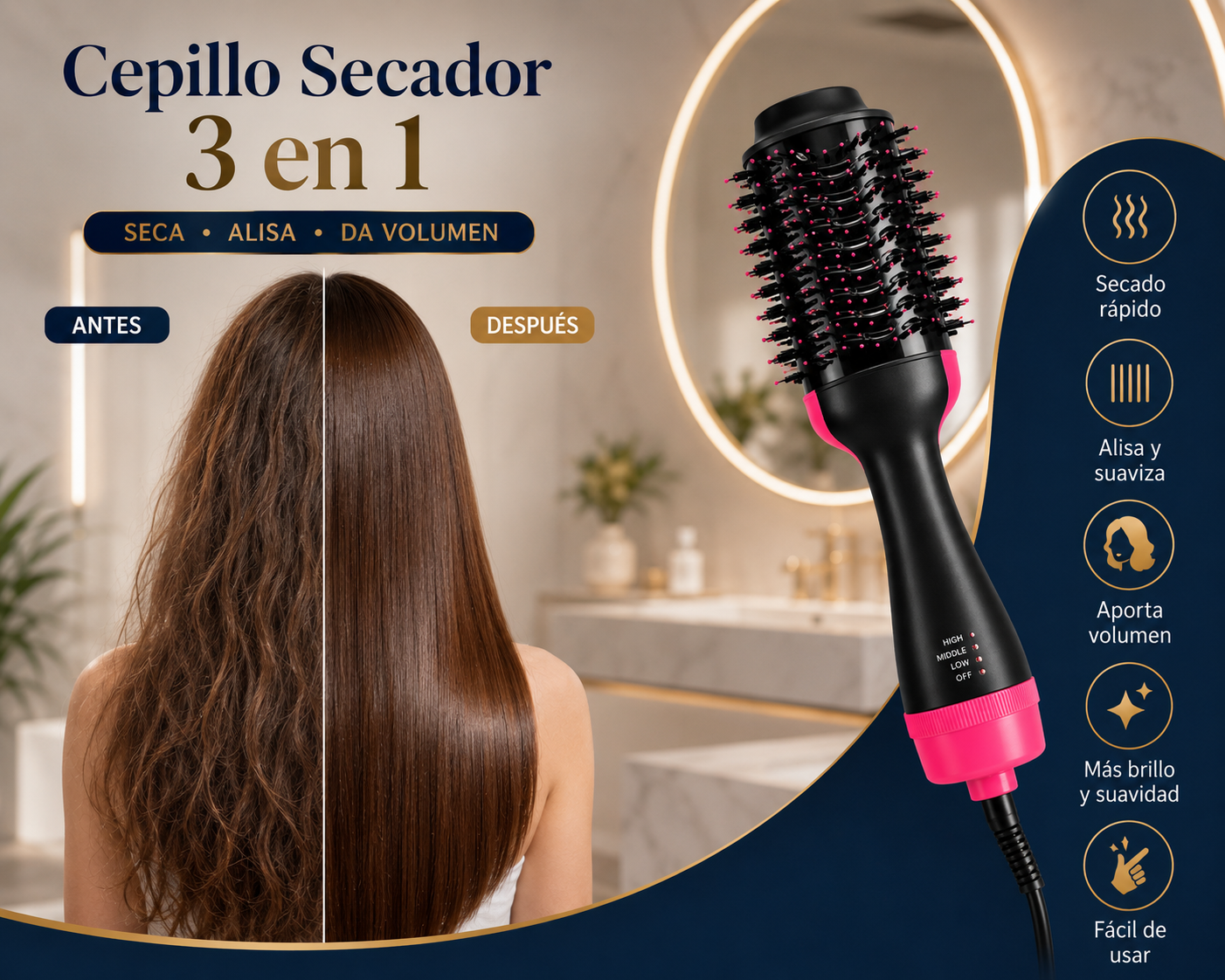 Cepillo Secador 3 en 1 | Seca, Alisa y Da Volumen